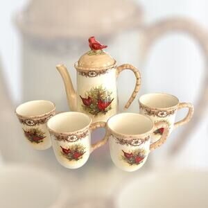 Cracker Barrel Stoneware Cardinal Coffee Pot And Four Matching Mugs